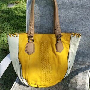 OrYANY Large Pebbled Leather Tote Bag Lyssie Color block Whipstitch Yellow/Cream